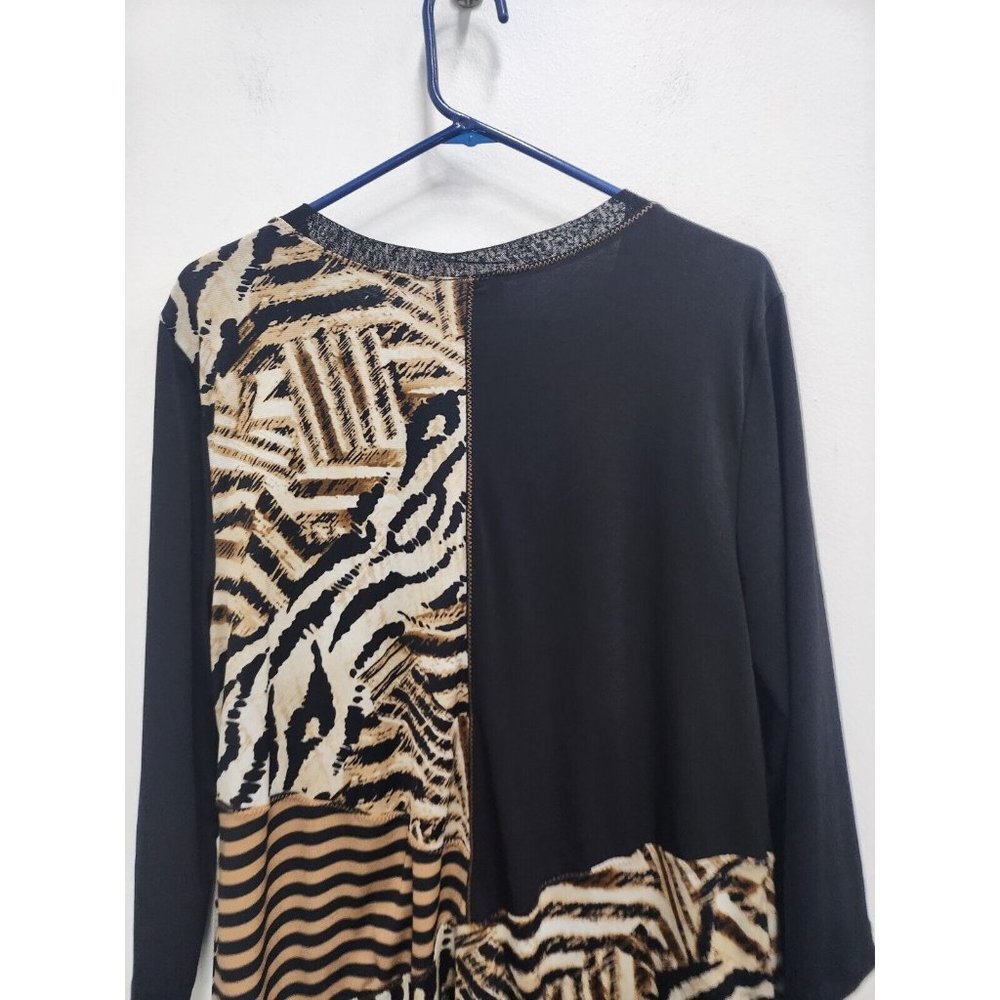 JM Collection Womens Tunic Top XL Black Tan Animal Print Patchwork Sharkbite - Picture 6 of 7